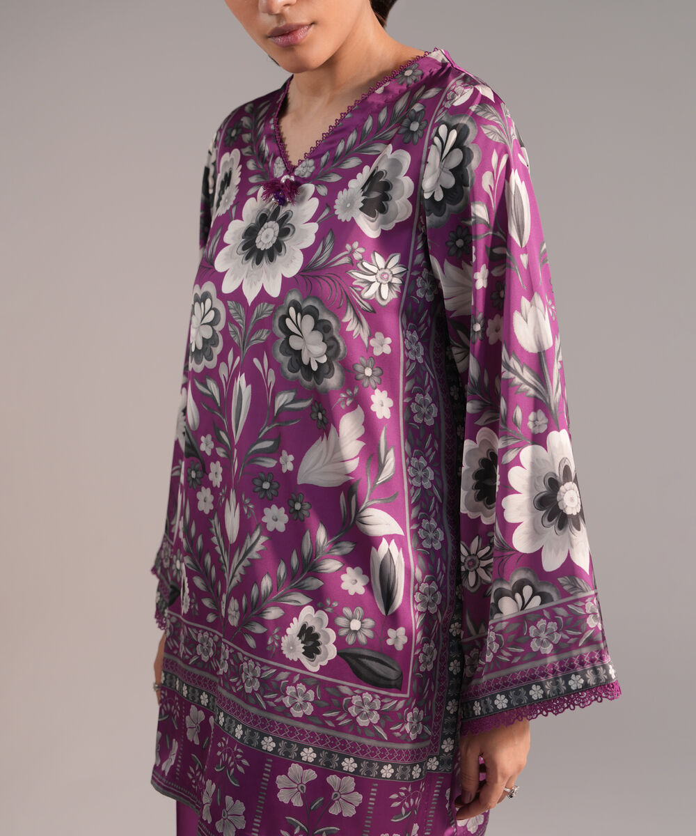 Women's RTW Blended Satin Printed Purple 2 Piece Suit