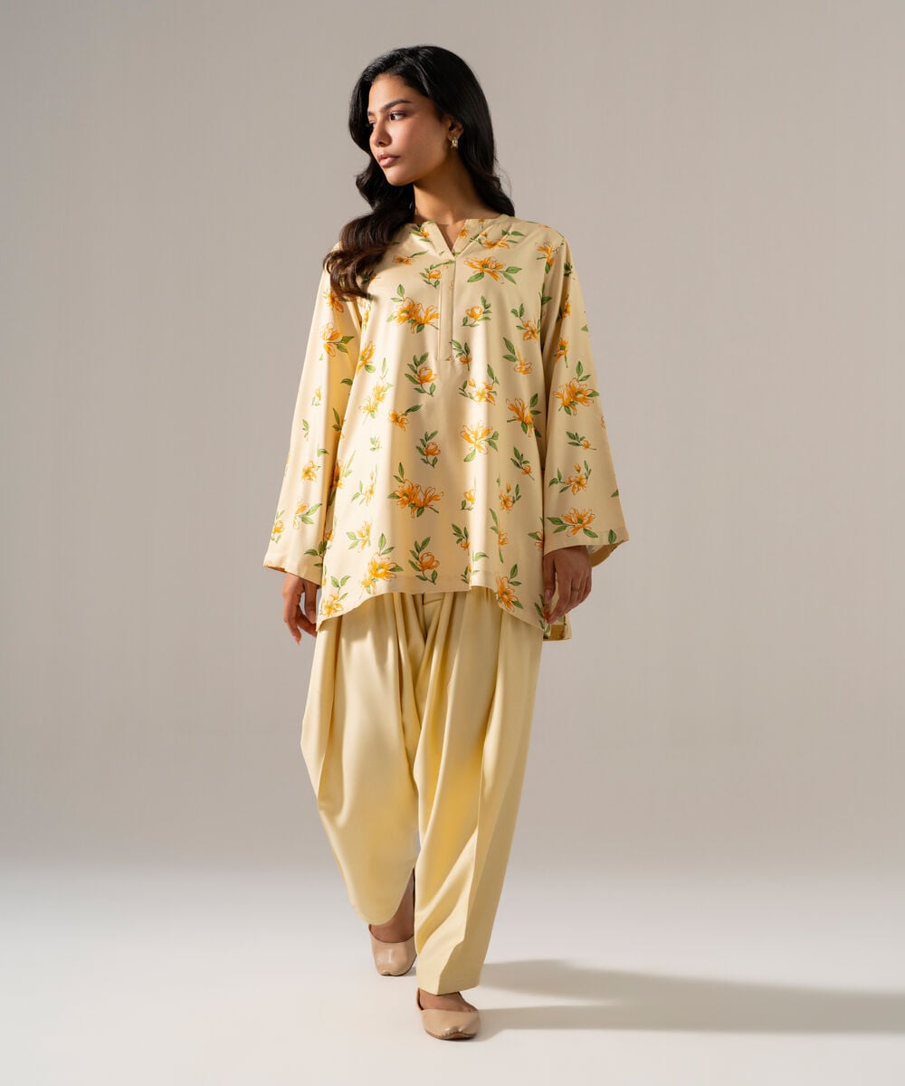 Women's RTW Viscose Marina Printed Pale Yellow 2 Piece Suit