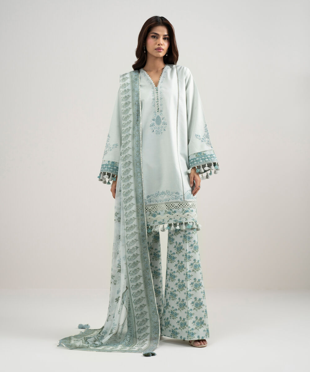 Women's Unstitched Textured Lawn Embroidered Green 3 Piece Suit