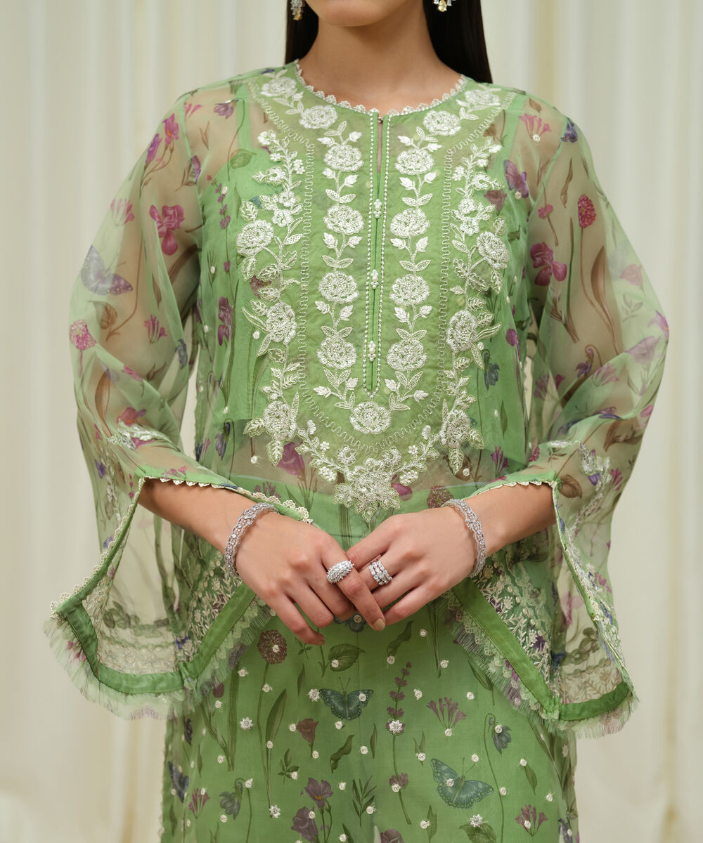 Women's Unstitched Blended Organza Embroidered Green 3 Piece Suit