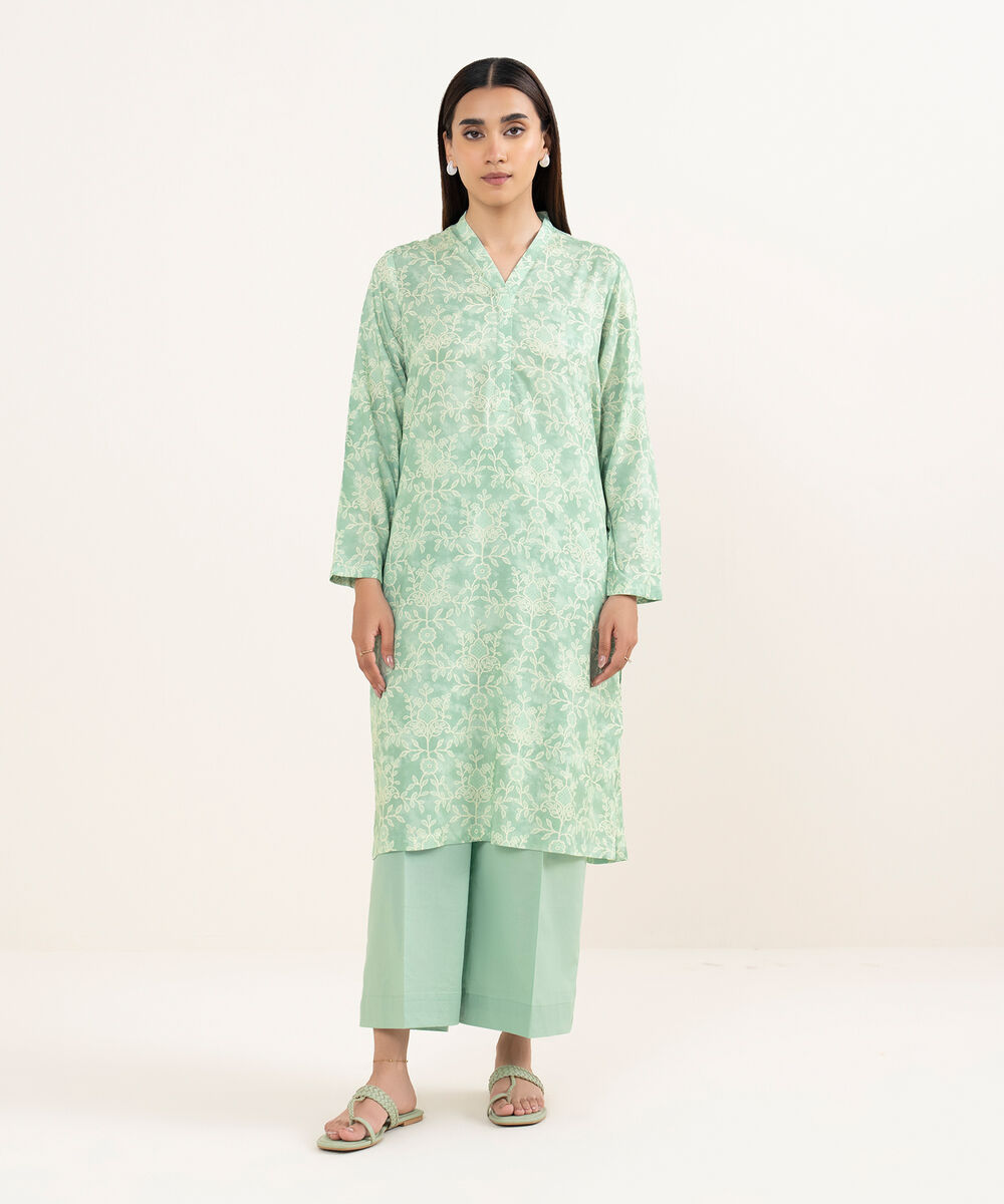 Women's RTW Arabic Lawn Green Printed Straight Shirt