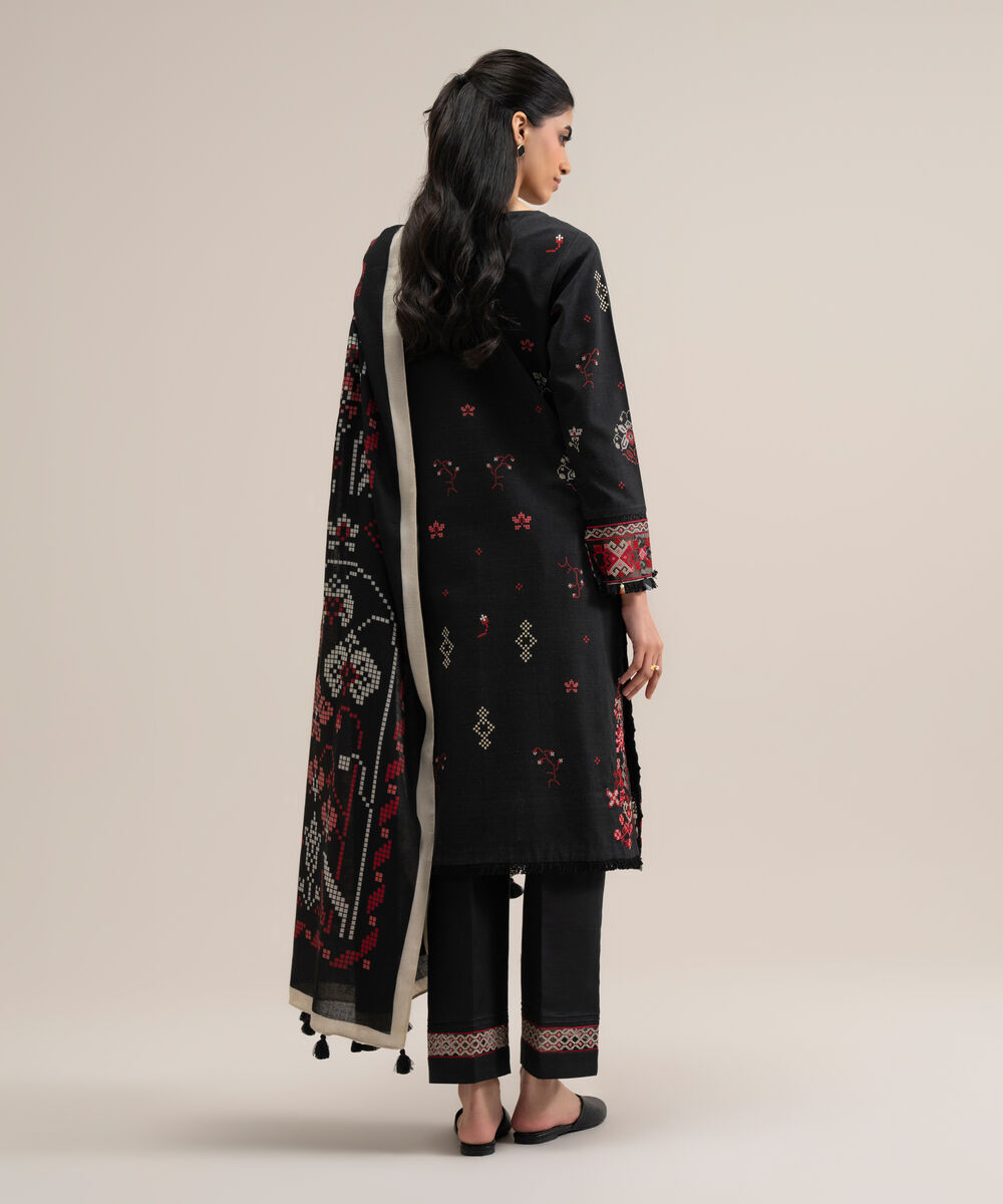Women's Unstitched Cotton Printed Black 3 Piece Suit
