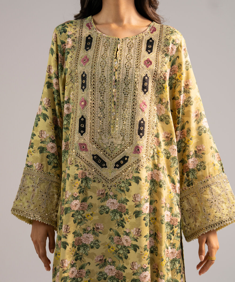 Women's RTW Viscose Raw Silk Embroidered Yellow 2 Piece Suit