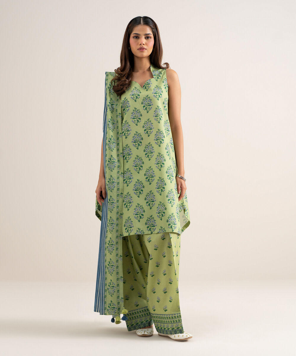 Women's Unstitched Lawn Printed Green 3 Piece Suit
