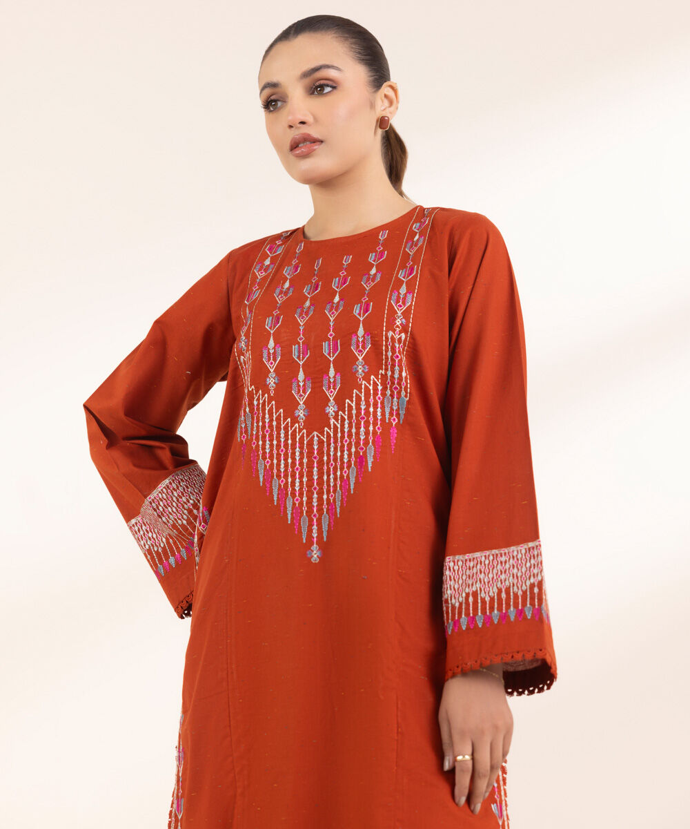 Women's Pret Multineps Orange Embroidered A-Line Shirt
