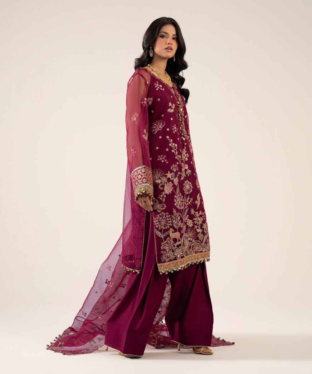 Women's Unstitched Organza Embroidered Pink 3 Piece Suit