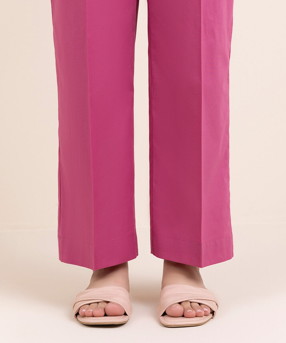 Woman - Pink Solid Cambric Straight Pants