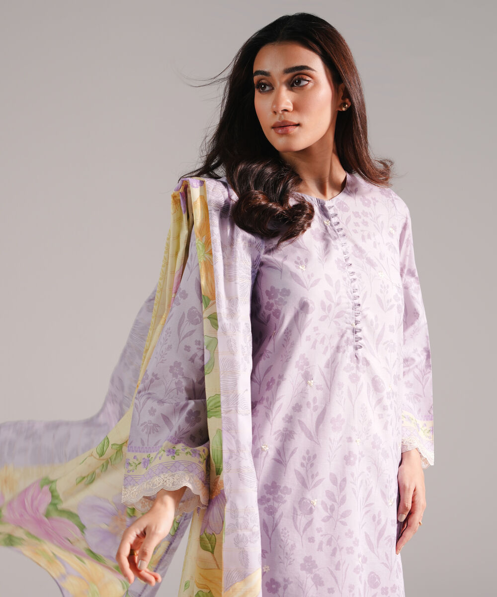 Women's RTW Lawn Printed Lilac 3 Piece Suit