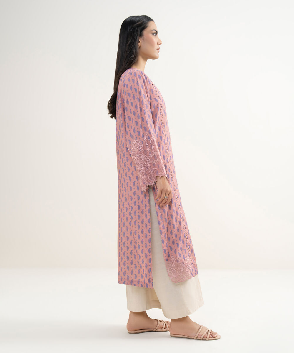 Women's RTW Viscose Raw Silk Embroidered Pink Straight Shirt