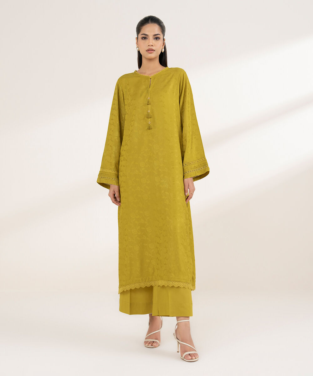 Women's RTW Arabic Self Jacquard Yellow Solid A-Line Shirt