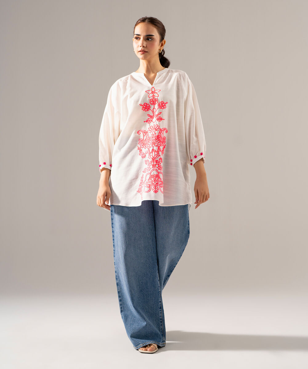 Women's RTW Khaddar Solid Embroidered White Straight Shirt