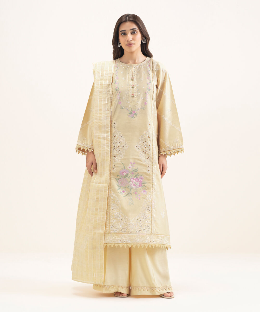Women's RTW Silk Cotton Net Embroidered Pale Yellow 3 Piece Suit