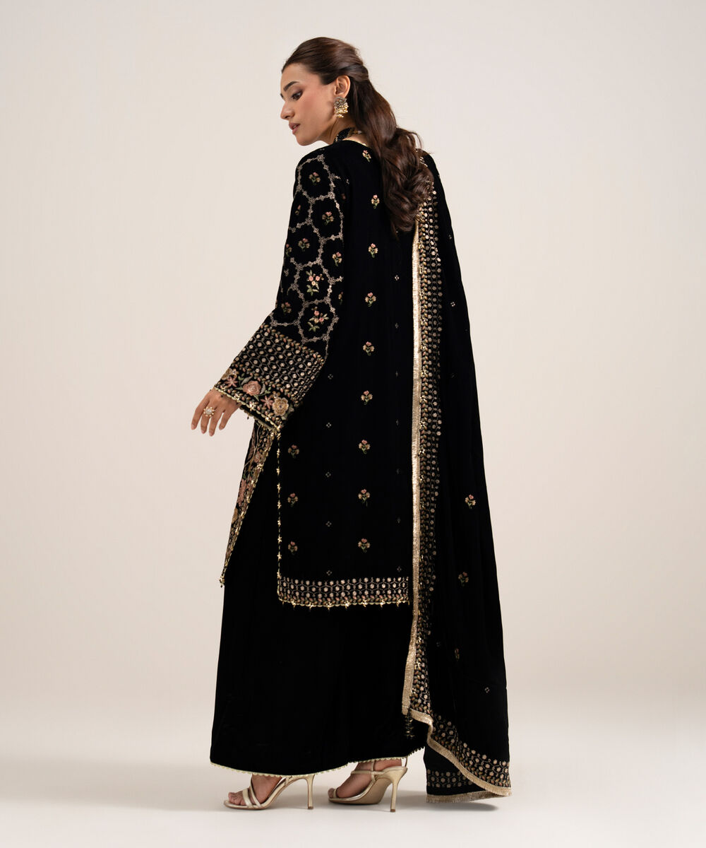 Women's Unstitched Embroidered Velvet Black 3 Piece Suit