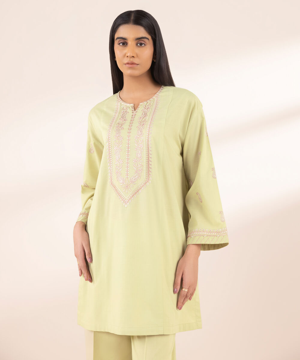 Women's RTW Textured Lawn Beige Embroidered Boxy Shirt