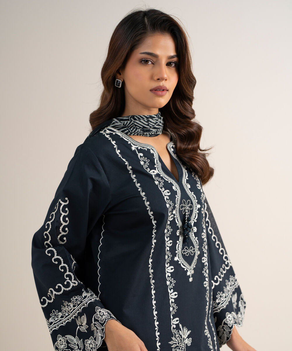 Women's Unstitched Fine Cotton Satin Embroidered Black