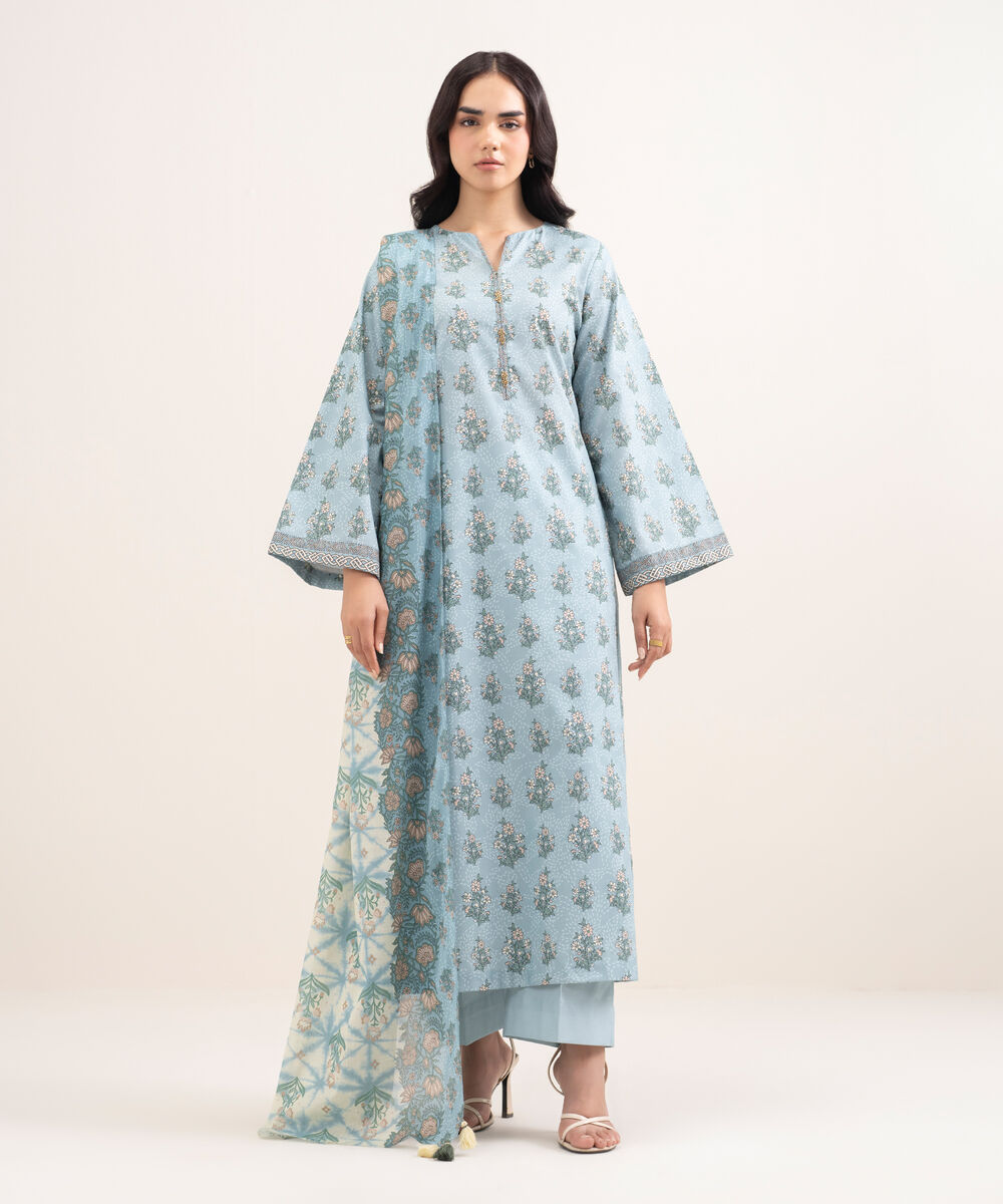 Women's Unstitched Lawn Printed Blue 3 Piece Suit