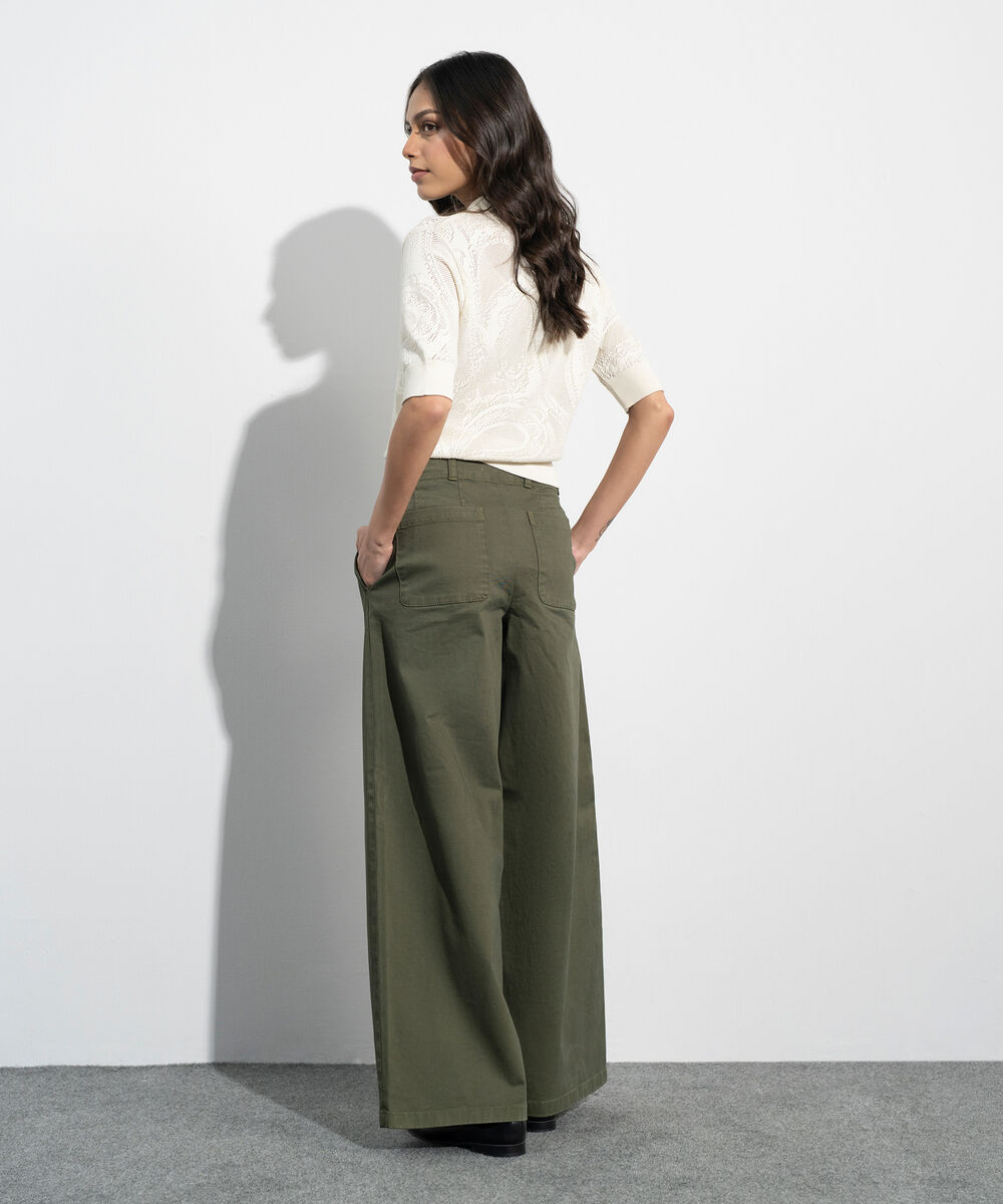 Women's Western Green Khaki Wide Leg Pleated Chino Trousers