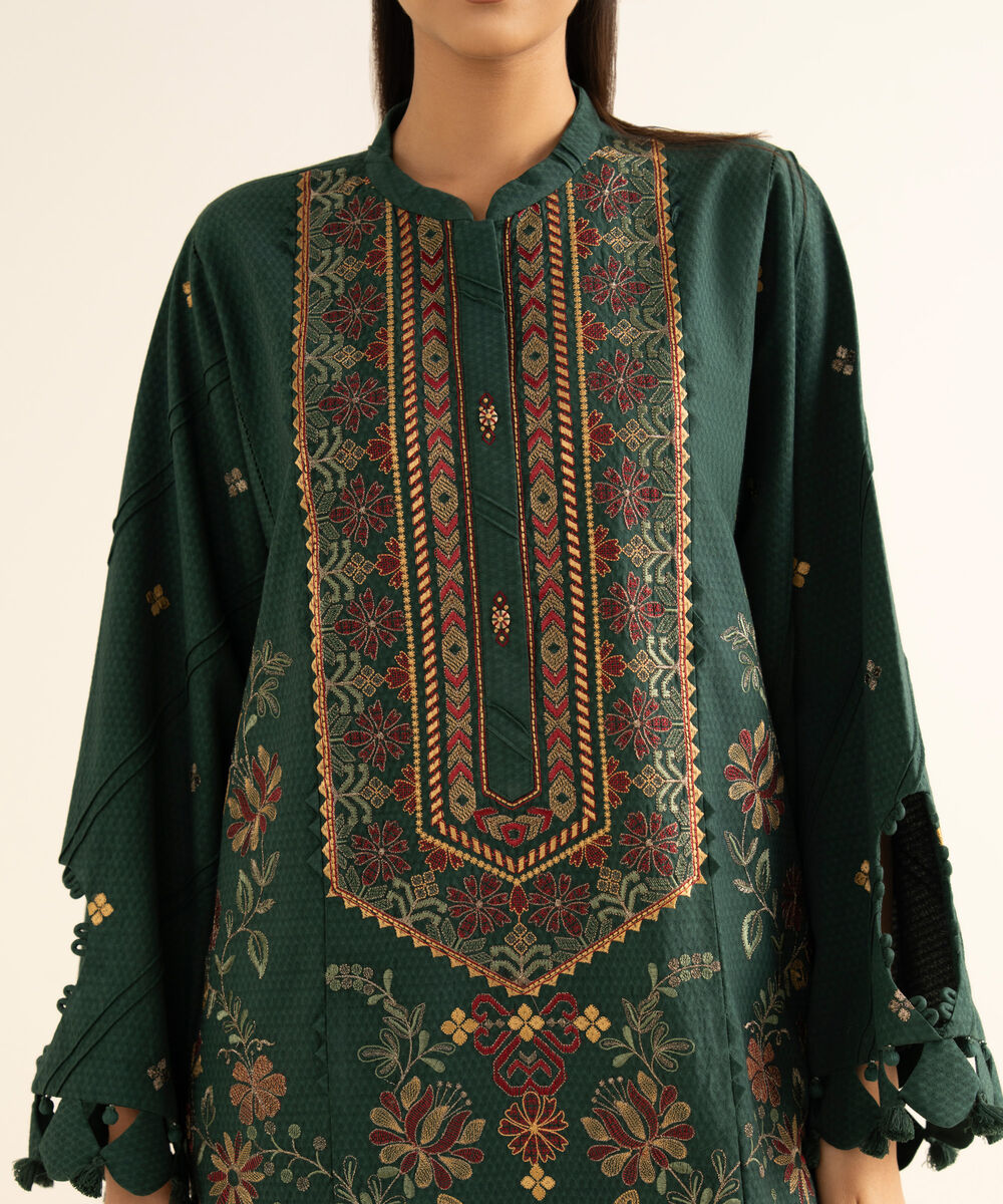 Women's Unstitched Dobby Embroidered Green 3 Piece Suit