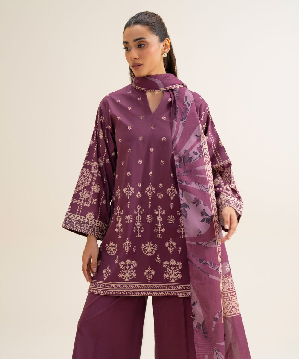 Women's Unstitched Cotton Viscose Printed Plum 3 Piece Suit