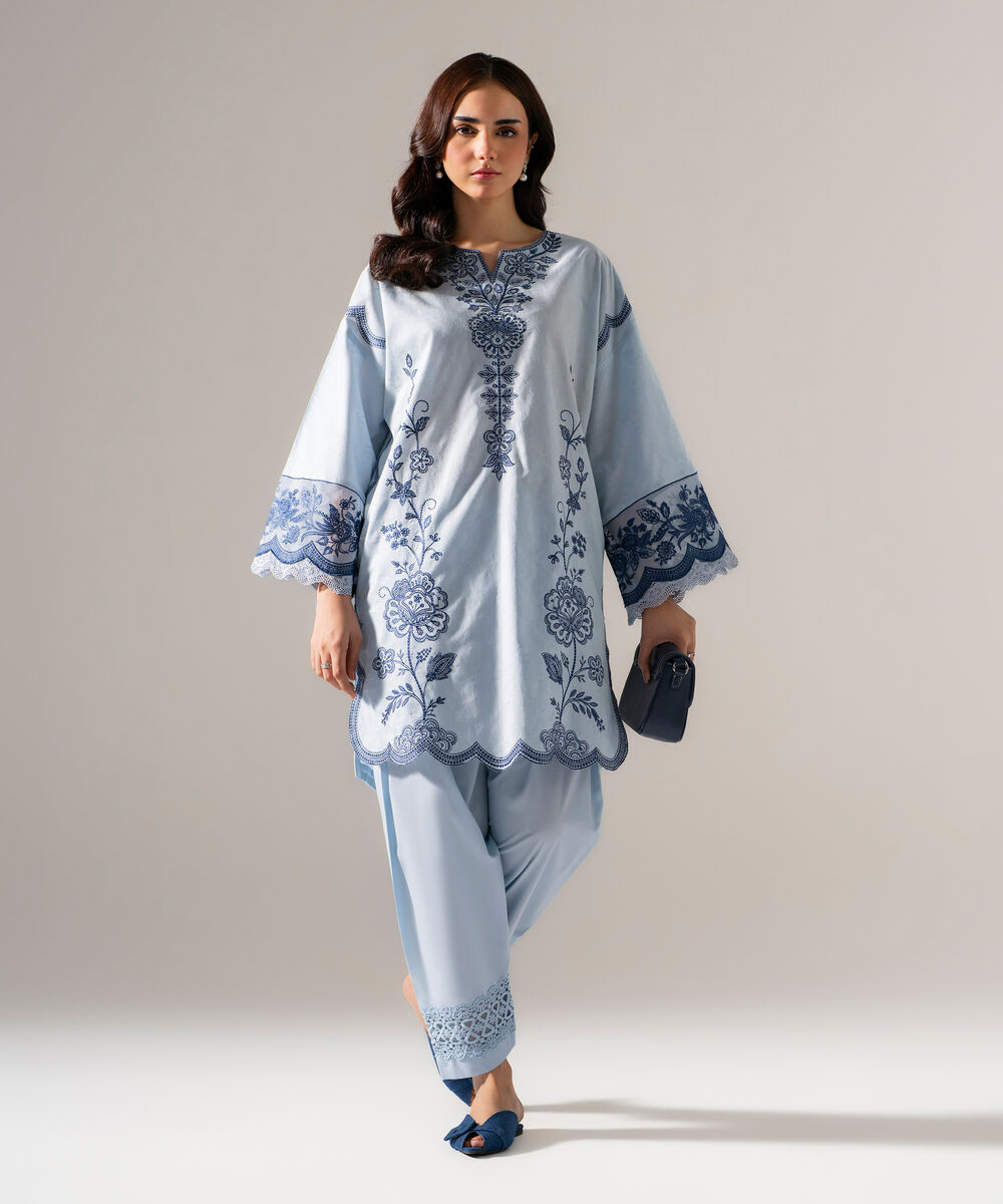 Women's RTW Self Jacquard Solid Embroidered Blue 2 Piece Suit