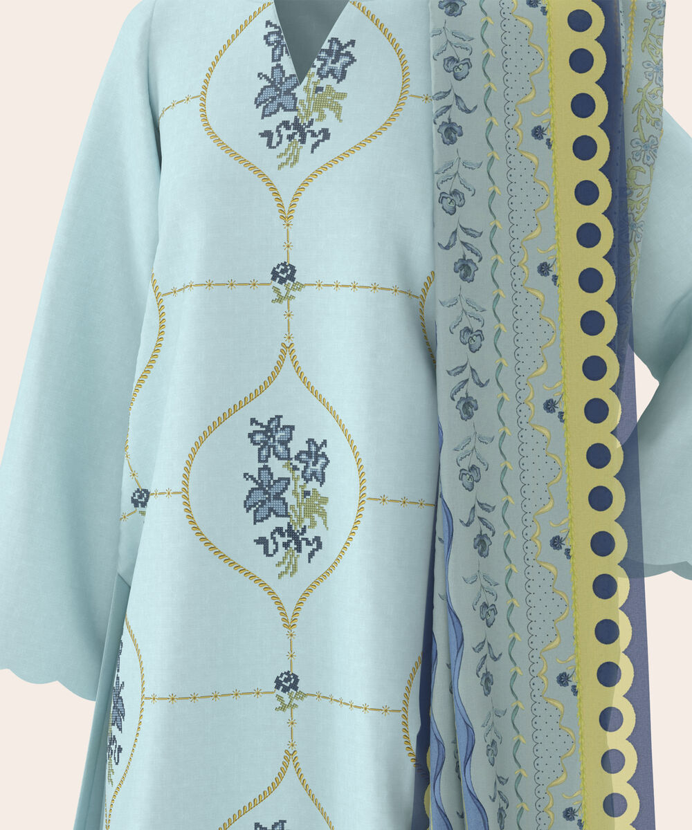 Women's Unstitched Self Jacquard Light Blue  Embroidered 3 Piece Suit