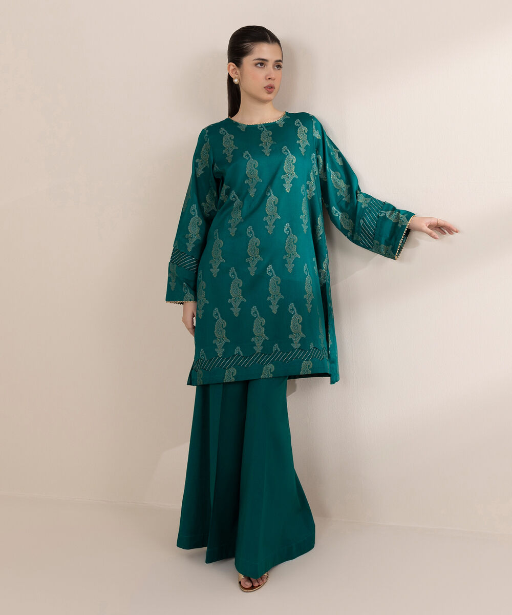 Women's RTW Extra Weft Jacquard Green Solid A-Line Shirt