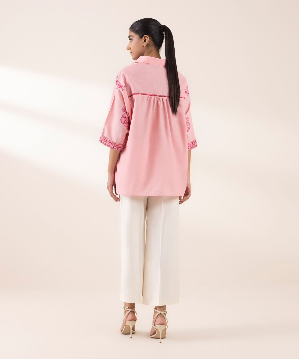 Women's RTW Dobby Pink Embroidered Drop Shoulder Shirt