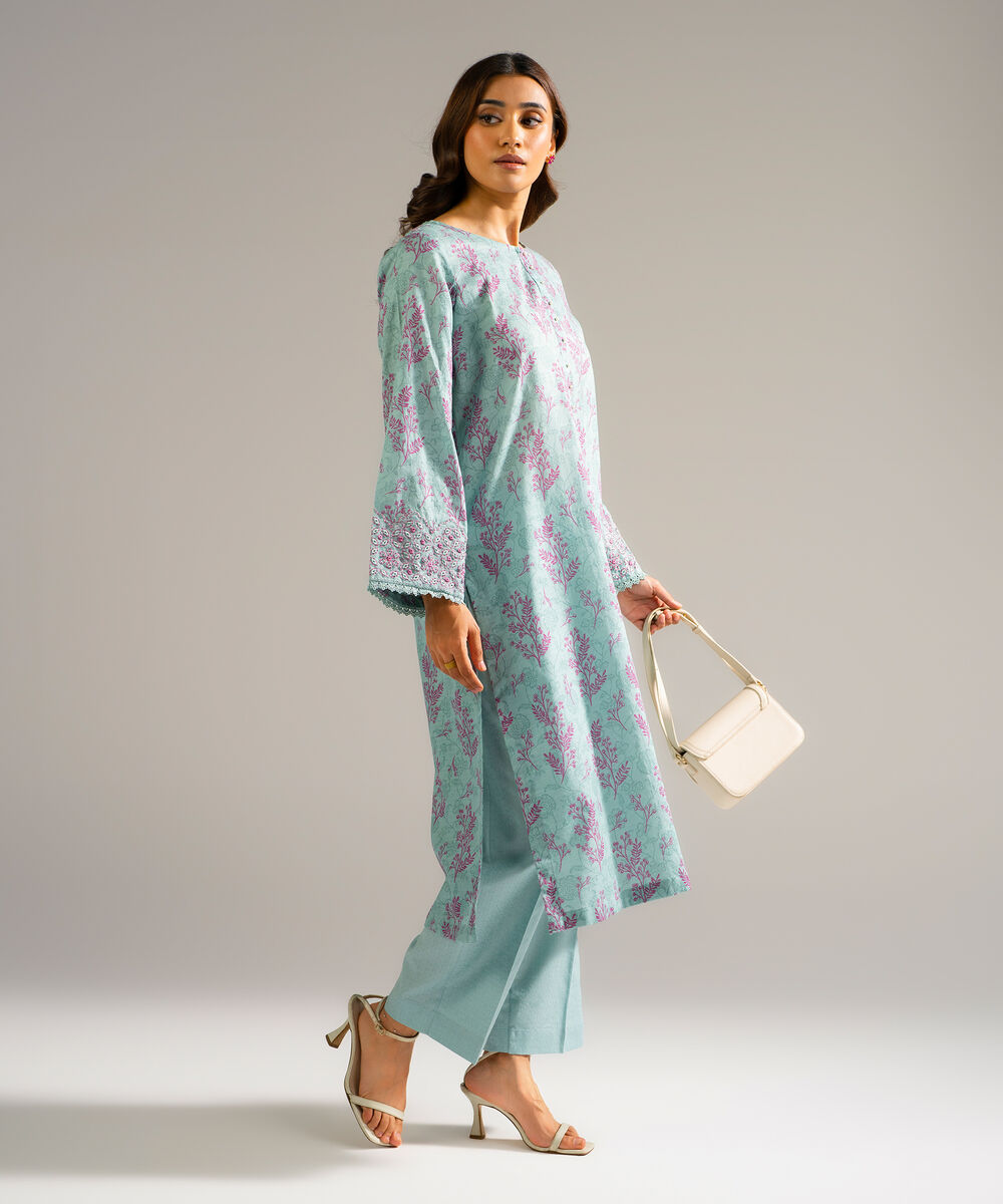 Women's RTW Self Jacquard Embroidered Blue 2 Piece Suit