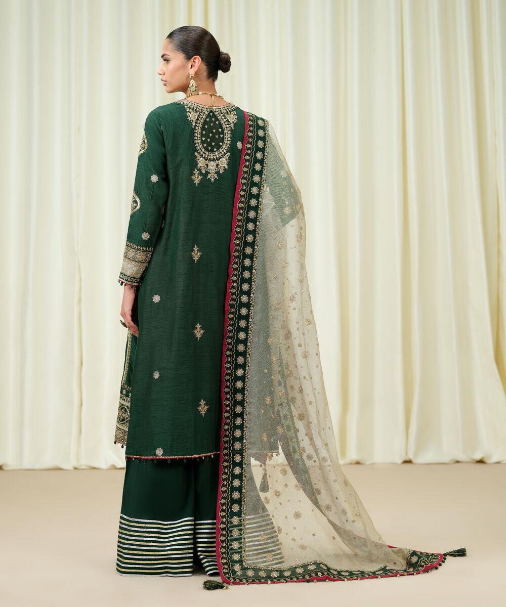 Women's Unstitched Raw Silk Embroidered Green 3 Piece Suit