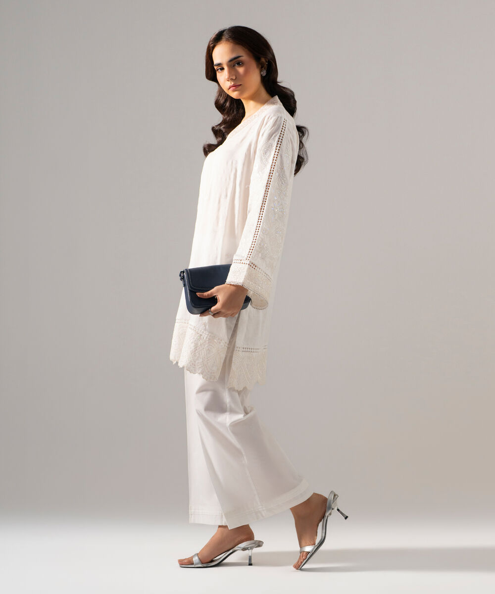 Women's RTW Self Jacquard Solid Embroidered Off White 2 Piece Suit
