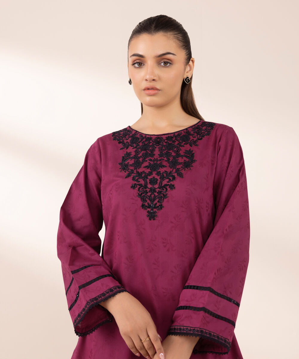 Women's RTW Cotton Jacquard Pink Embroidered A-Line Shirt