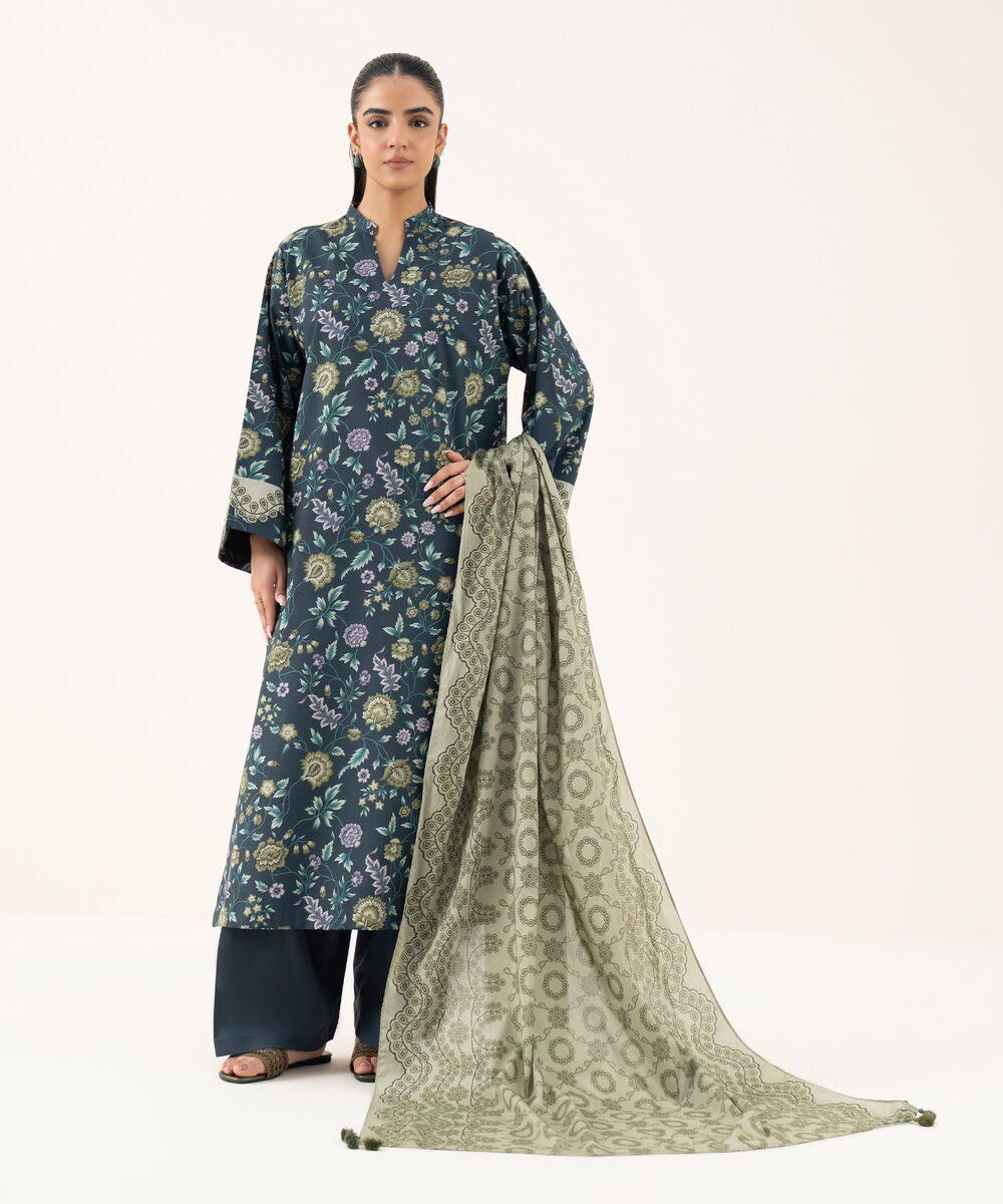 Women's Unstitched Cotton Printed Blue Three Piece Suit