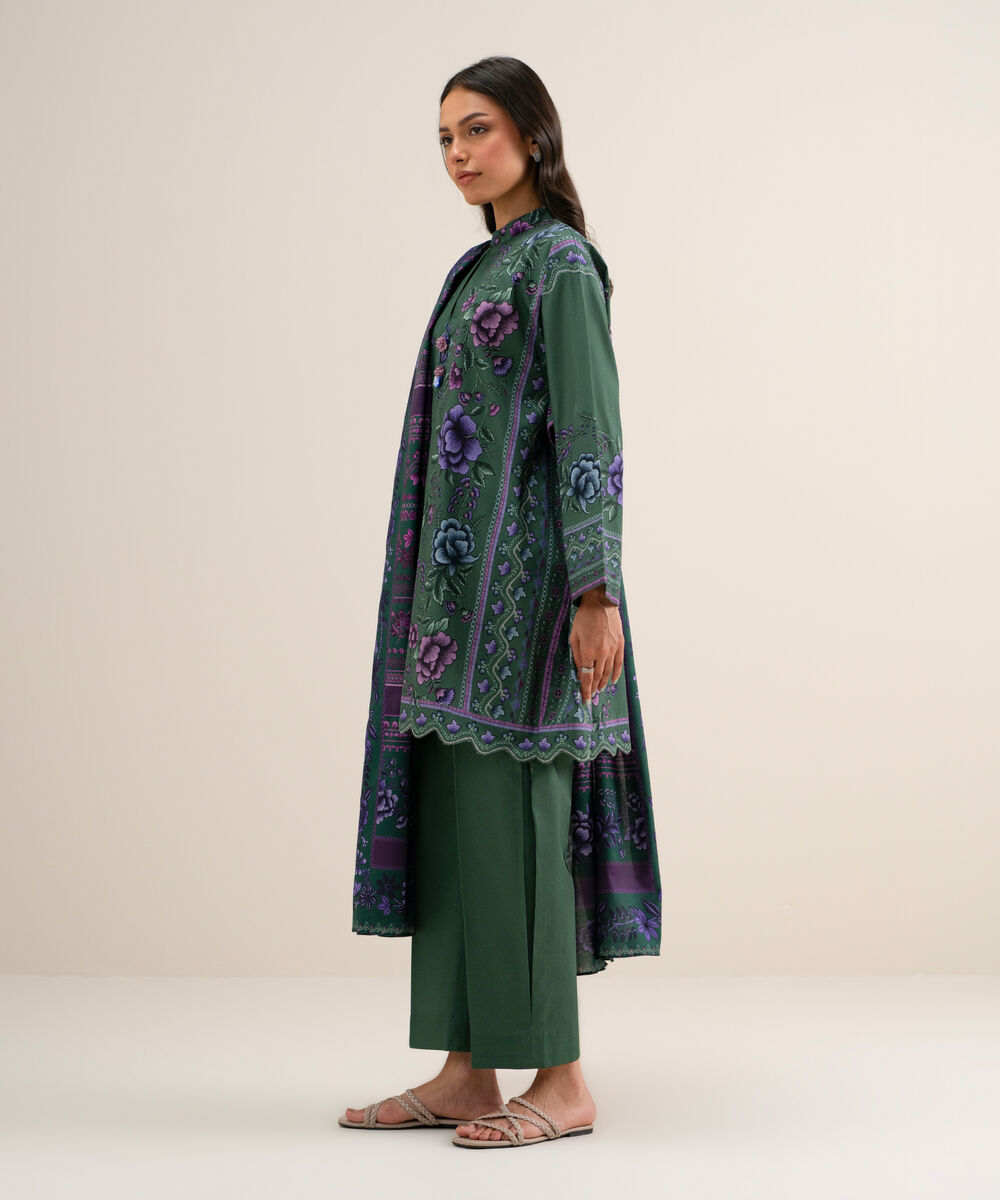 Women's Unstitched Printed Cotton Viscose Green 3 Piece Suit