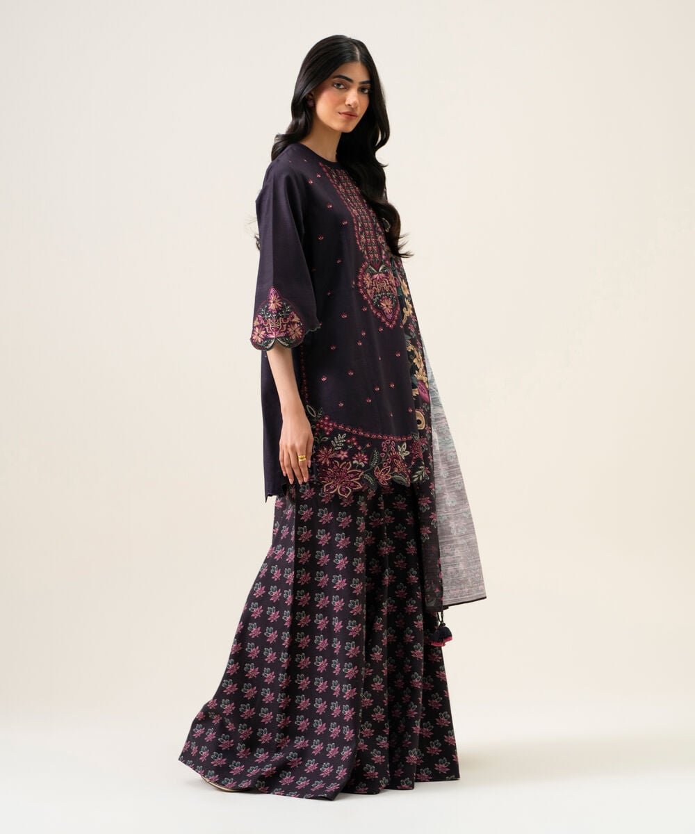 Womens Unstitched Light Khaddar Embroidered Black 3 Piece Suit