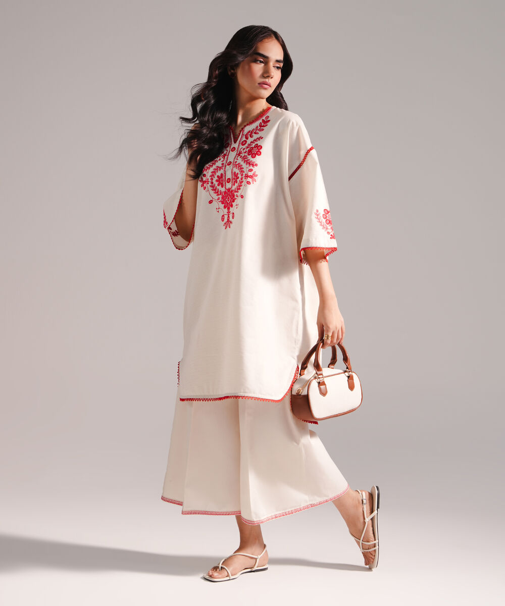 Women's RTW Zari Lawn Embroidered Beige Drop Shoulder Shirt