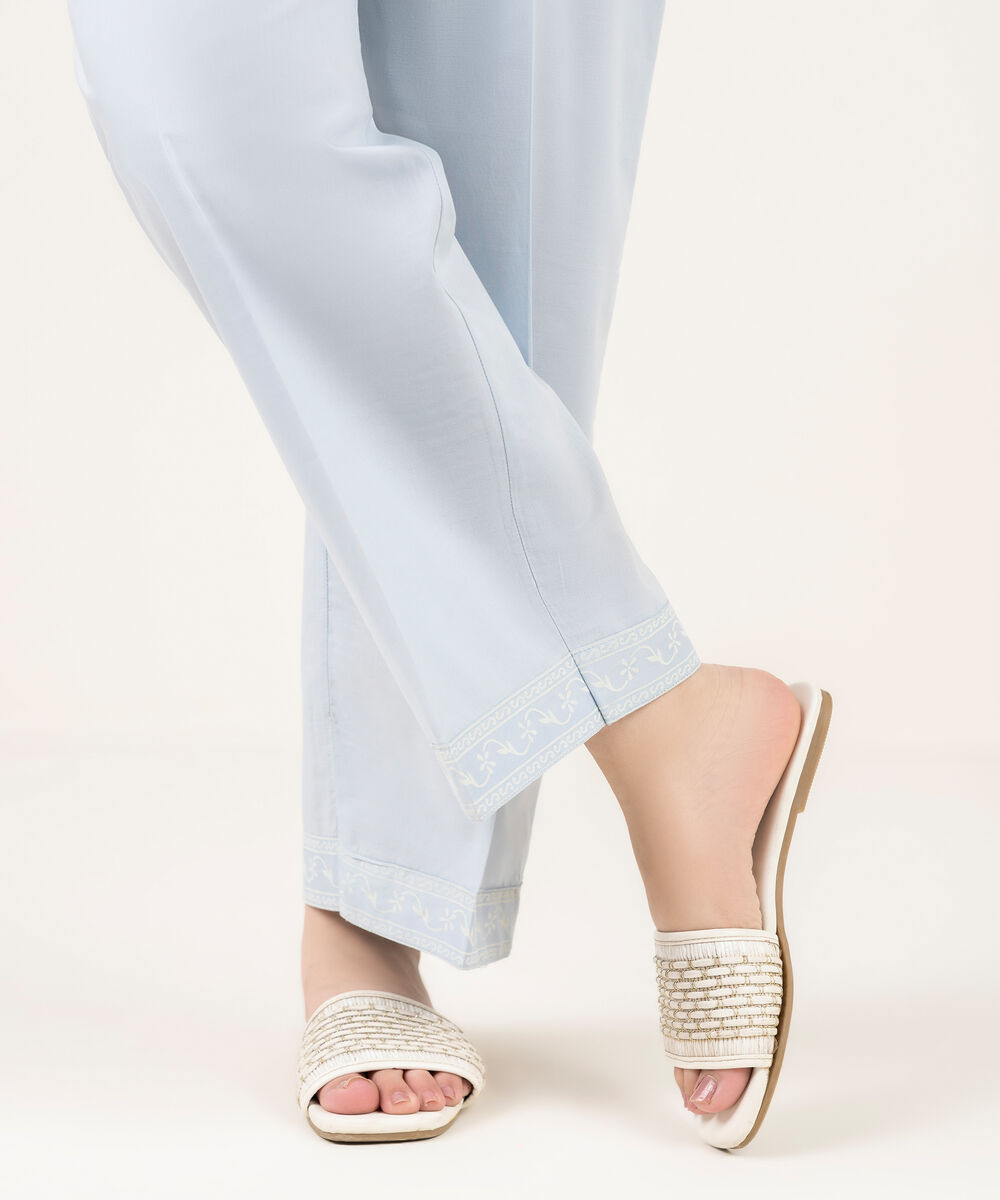 Women's RTW Cambric Solid Ice Blue Straight Pants