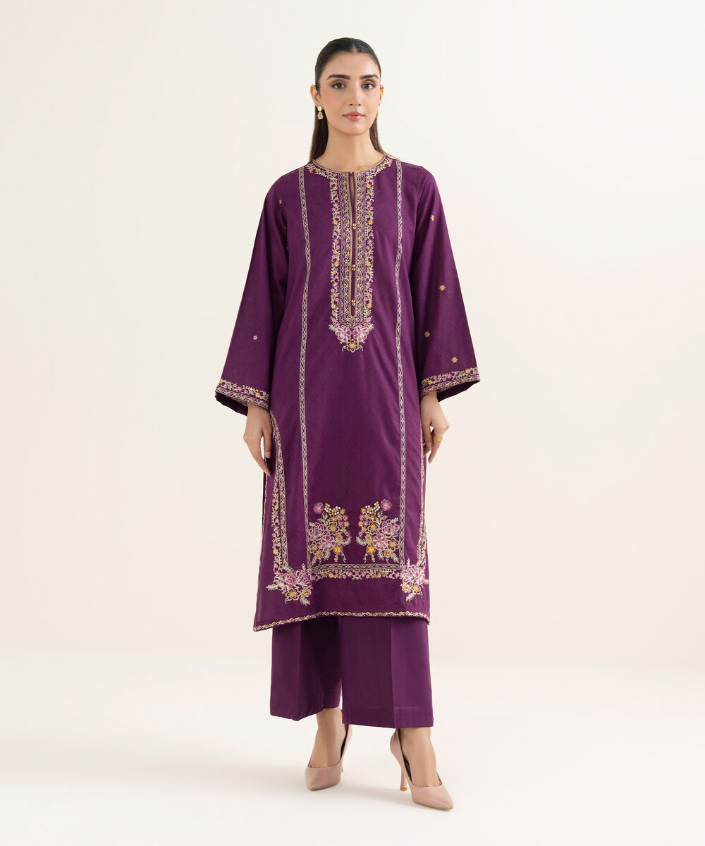 Women's RTW Self Jacquard Leno Embroidered Purple Straight Shirt