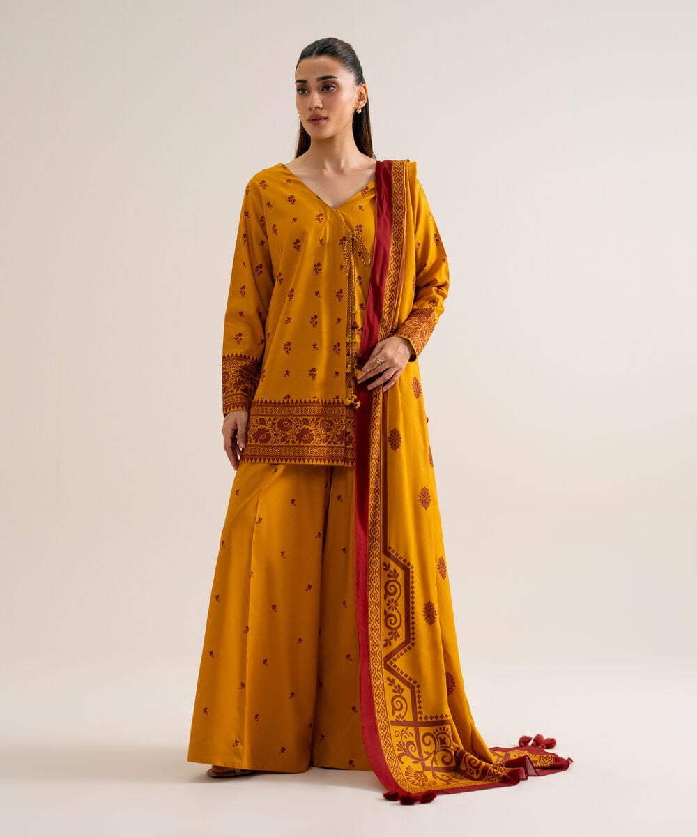 Women's Unstitched Viscose Linen Printed Yellow 3 Piece Suit
