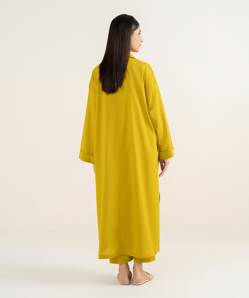 Women's RTW Textured Lawn Yellow Solid Drop Shoulder Shirt