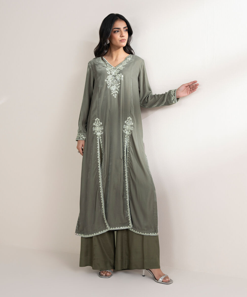 Women's RTW Velvet Embroidered Grey Straight 2 Piece Suit