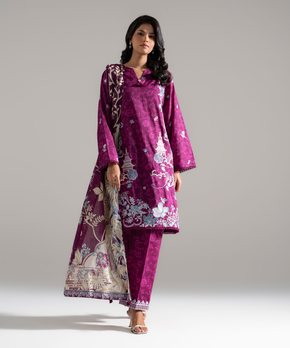 Women's RTW Lawn Embroidered Purple 3 Piece Suit