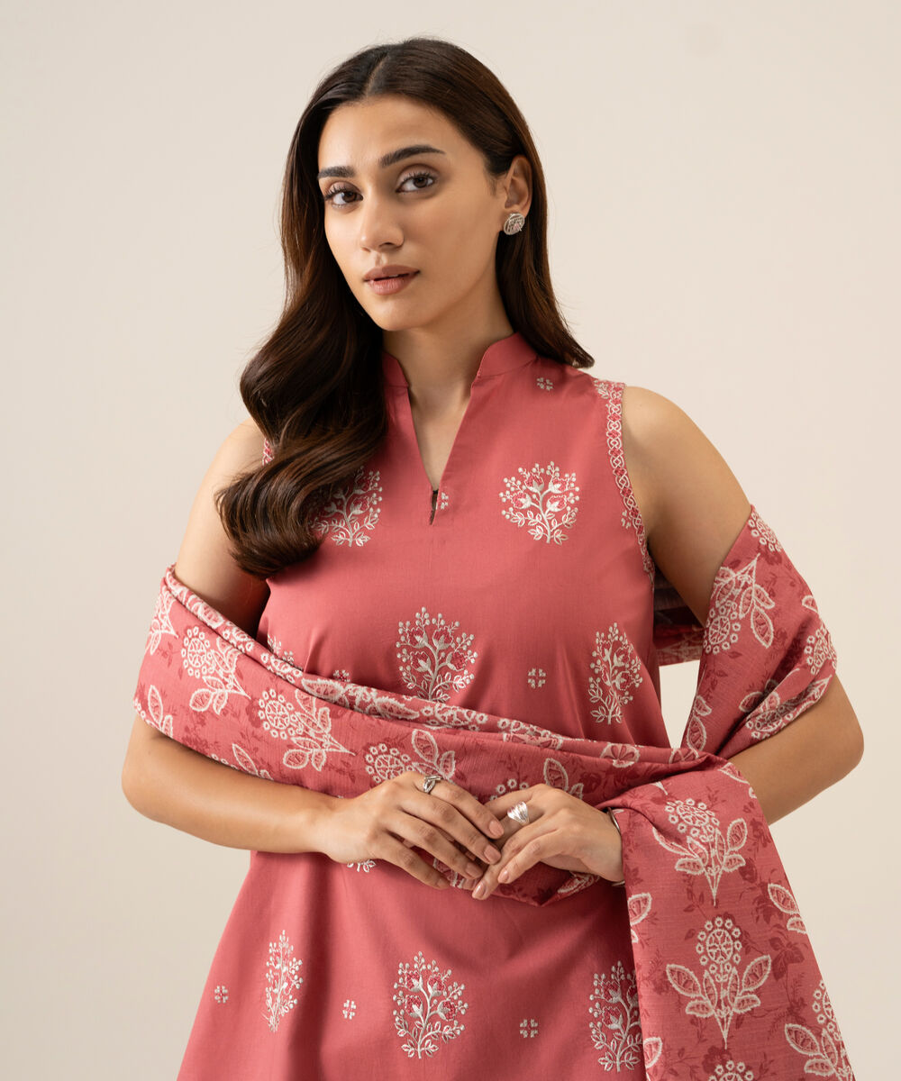Women's Unstitched Basic Khaddar Embroidered Peach 3 Piece Suit