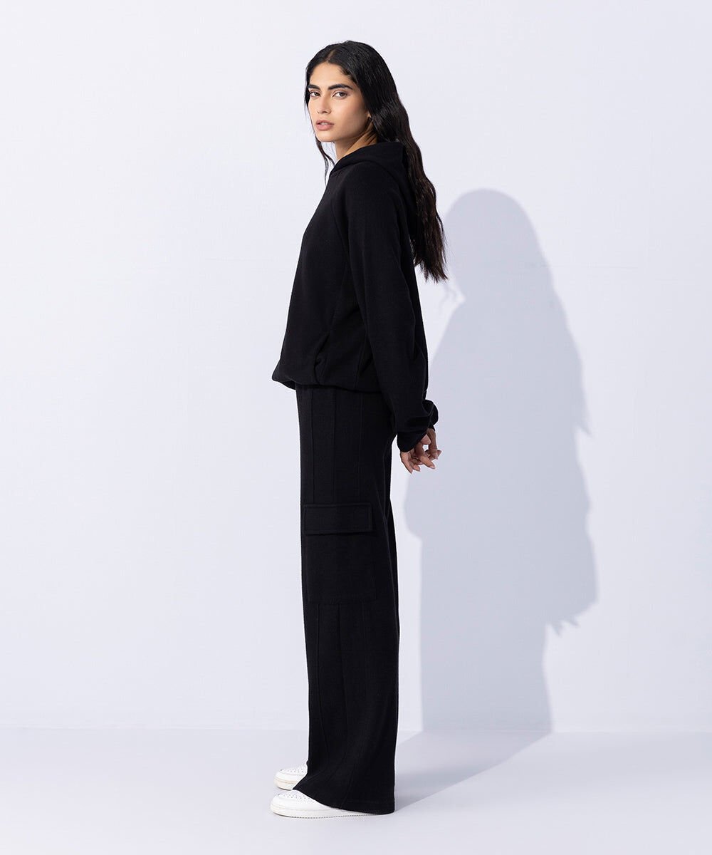 Woman - Black Raised Ribbed Cargo Joggers