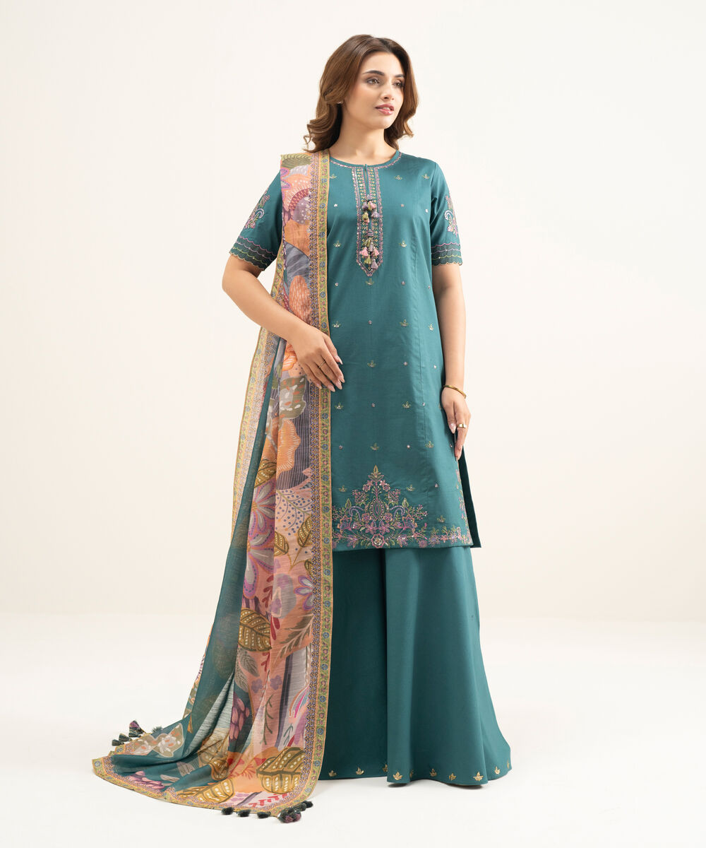 Women's Unstitched Lawn Green Embroidered 3 Piece Suit
