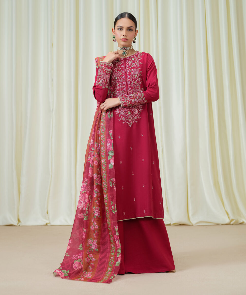 Women's Unstitched Viscose Raw Silk Embroidered Red 3 Piece Suit