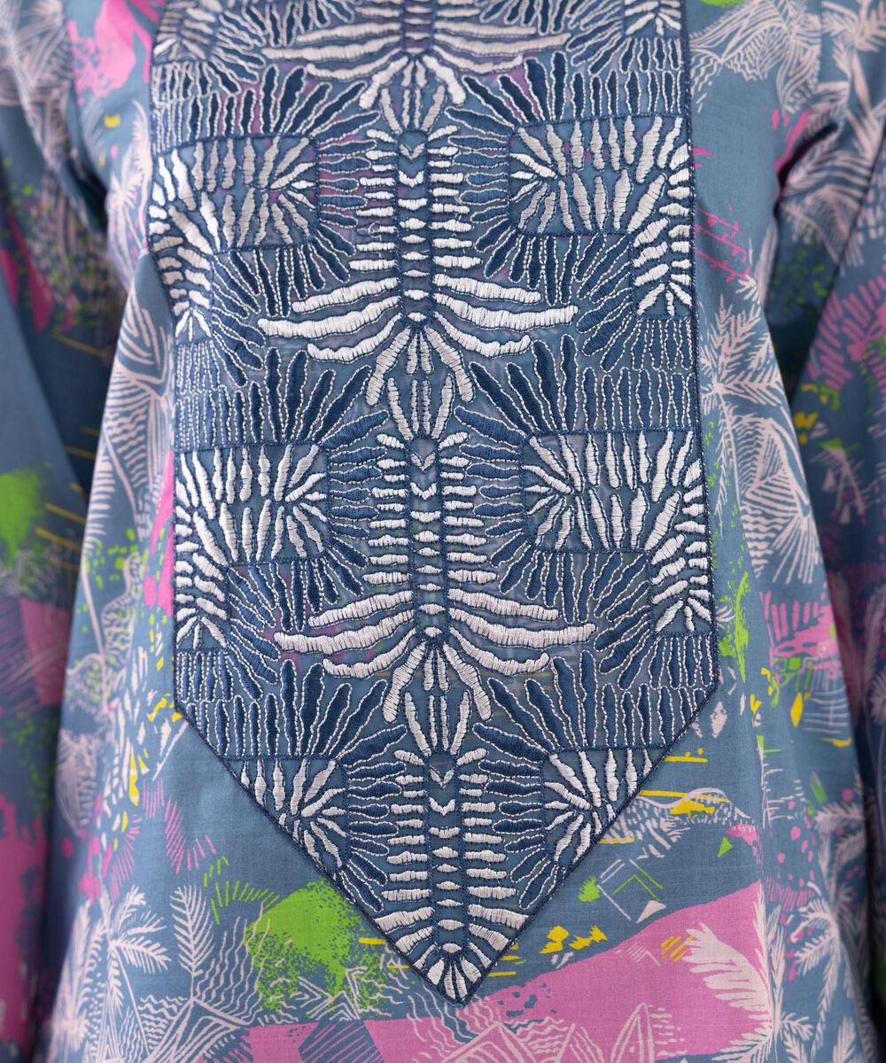 Women's RTW Texured Lawn Blue Printed Aline Shirt