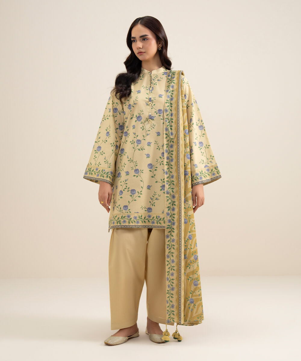 Women's Unstitched Lawn Printed Lime Yellow 3 Piece Suit