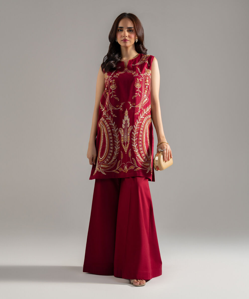 Women's RTW Lawn Solid Embroidered Maroon Straight Shirt