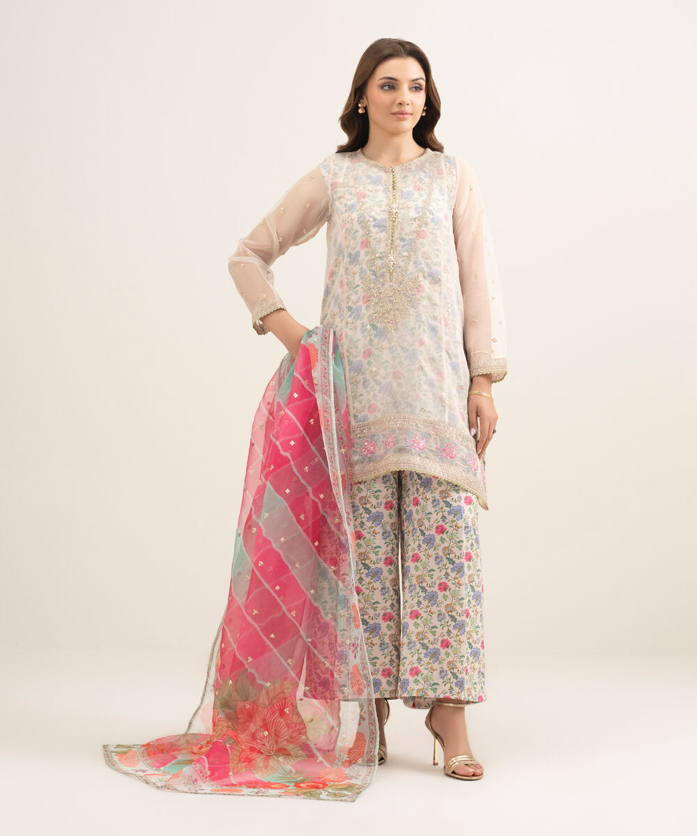 Women's RTW Blended Organza Embroidered Pink 3 Piece Suit