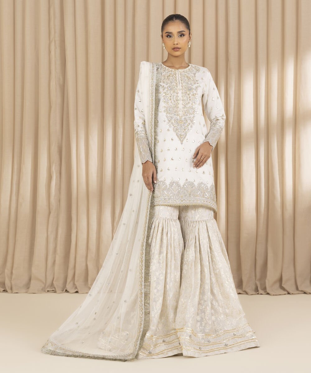 3 Piece - Embroidered Raw Silk Suit Unstitched Women's Off White Raw Silk 3 Piece Suit